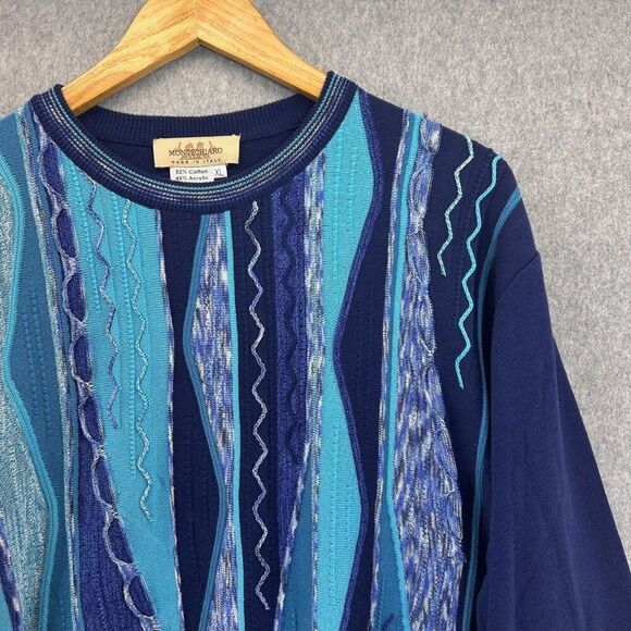 Montechiaro Size XL Blue Navy 3D Knit Sweater Italy‎ Men's Striped Textured - Picture 3 of 8
